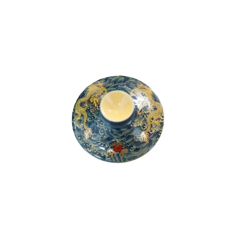 Chinese Golden Dragon Teacup Teapot Blue Red Ball Luck Sea Waves Signed READ - Picture 15 of 16